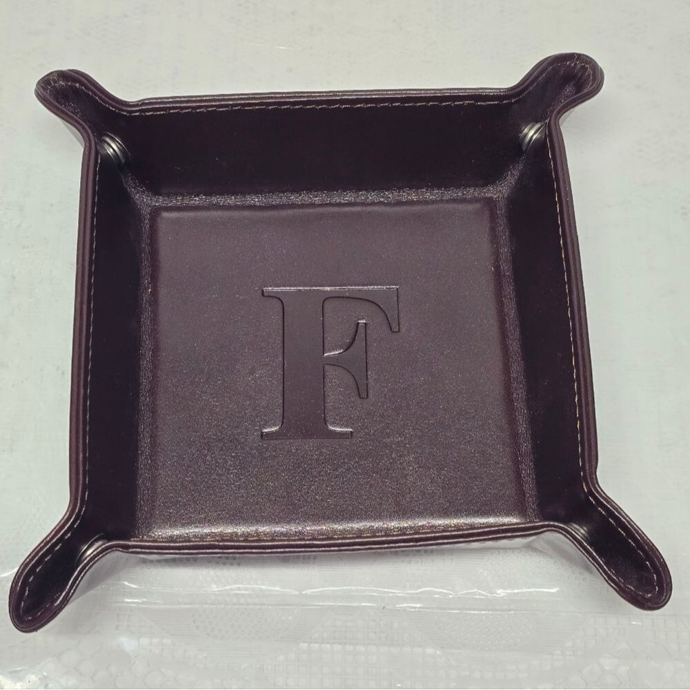 Genuine Brown Leather Valet Tray Trinket Dish Personalized With Letter "F"